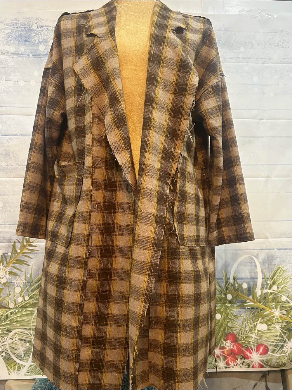 POL Plaid Open-Front Blazer Jacket in Brown and Yellow